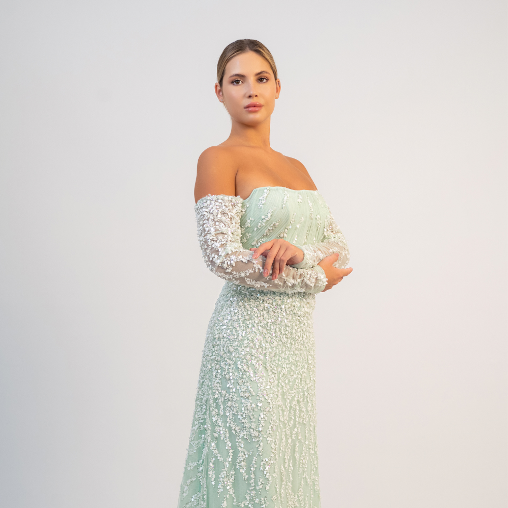Shop online elegant mint green gown with shimmering details, refined sleeves and graceful flowing silhouette, perfect for parties and special occasions.
