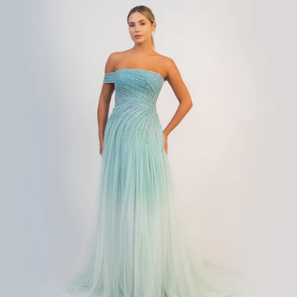 Shop online soft aqua A-line gown with shimmering details, sculpted draping and flowing tulle elegance, perfect for parties and special occasions.