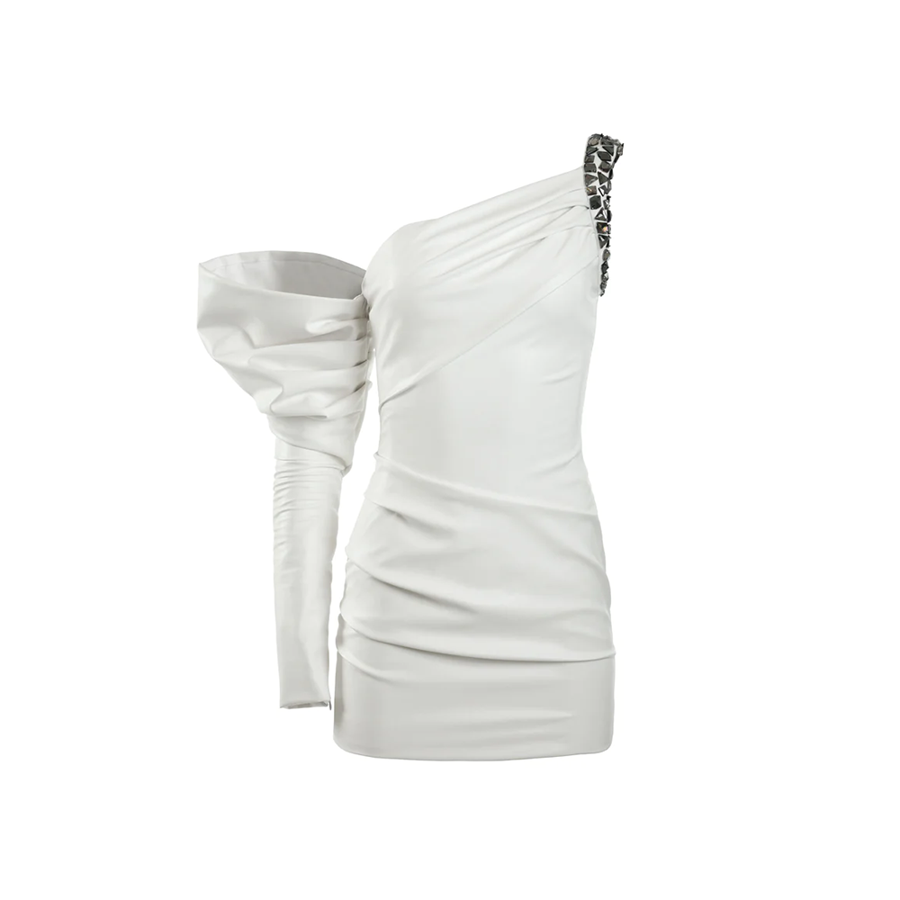 White leather asymmetric mini dress with embroidered shoulder and oversized sleeve.