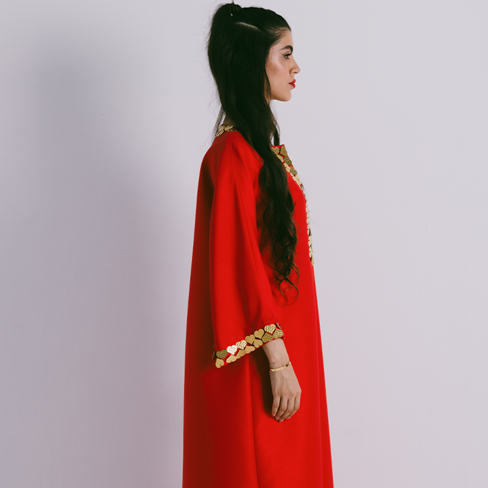 Red Bisht with dress- 2 piece ensemble in mikado embellished with metal heart motifs. Bisht comes with inner dress. Shop designer clothing. Shop now!