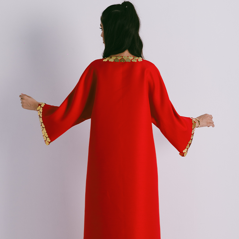 Red Bisht with dress- 2 piece ensemble in mikado embellished with metal heart motifs. Bisht comes with inner dress. Shop designer clothing. Shop now!