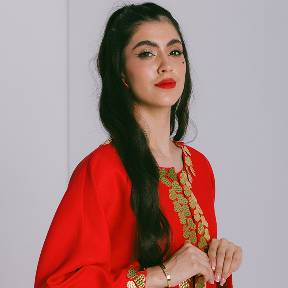 Red Bisht with dress- 2 piece ensemble in mikado embellished with metal heart motifs. Bisht comes with inner dress. Shop designer clothing. Shop now!