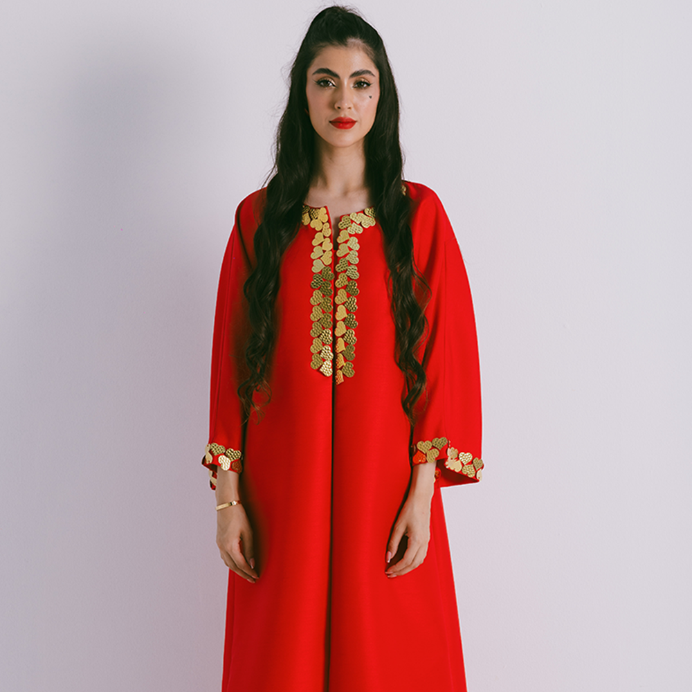 Red Bisht with dress- 2 piece ensemble in mikado embellished with metal heart motifs. Bisht comes with inner dress. Shop designer clothing. Shop now!