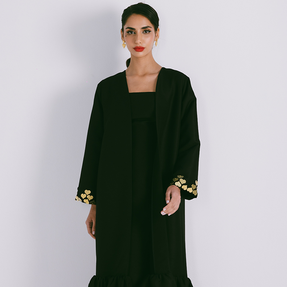 Blazer style abaya with embellishments on lapel & pockets with semi-stiff fabric. Explore designer women clothing. Shop now!