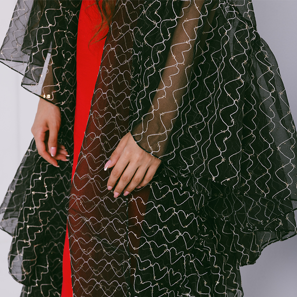 Organza abaya with gathered frills & metallic threads on fabric. Comes in one size only. Dress sold separately. Shop women clothing online. Shop now!