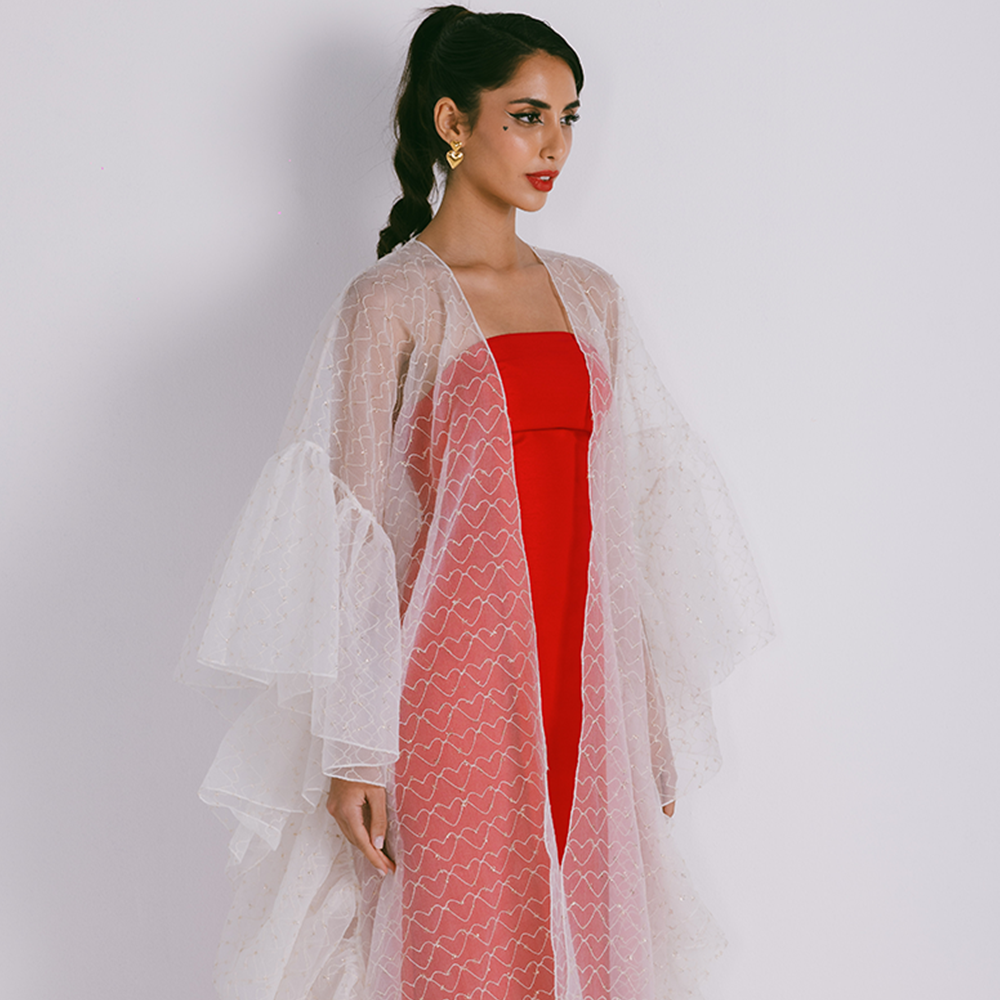 Organza abaya with gathered frills & metallic threads on fabric. Comes in one size only. Dress sold separately. Shop women clothing online. Shop now!