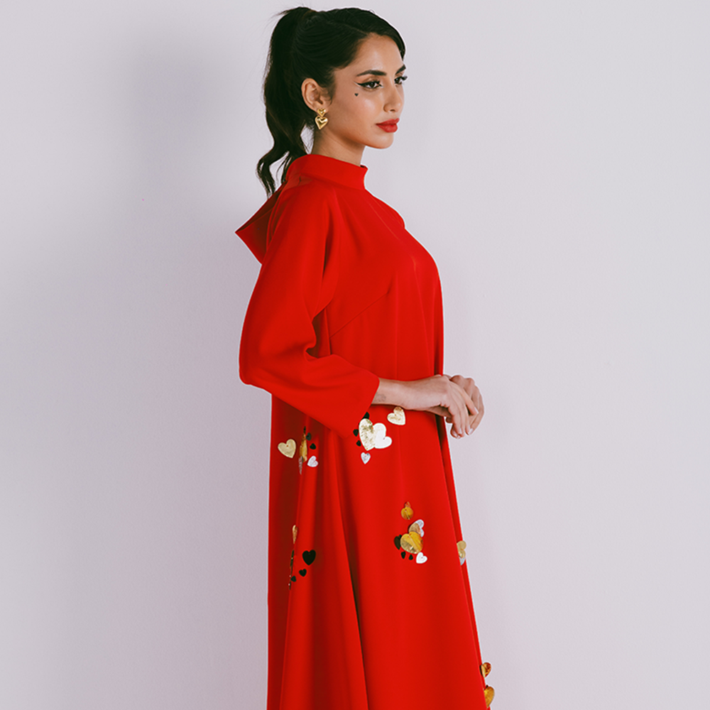 Long sleeve crepe dress with 3D embroidery & high collar neck closed with a bow. Dry clean only. Explore our collection of women clothing. Shop now!