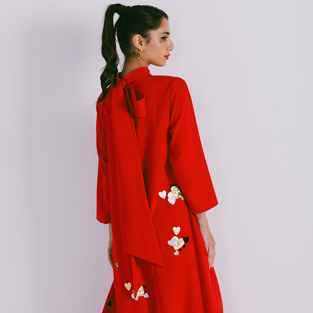 Long sleeve crepe dress with 3D embroidery & high collar neck closed with a bow. Dry clean only. Explore our collection of women clothing. Shop now!