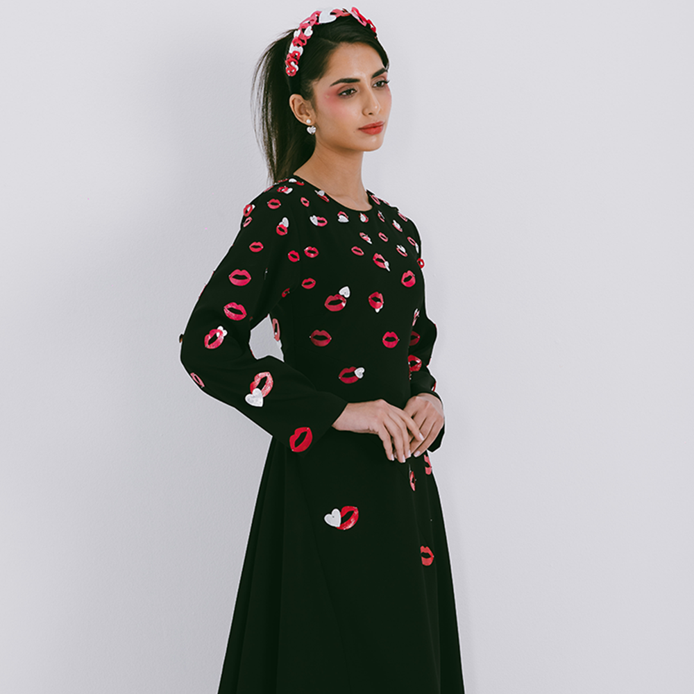 Long sleeve crepe maxi dress with scattered embroidery in lips & heart motifs. Dry clean only. Explore our collection of women maxi dresses. Shop now!