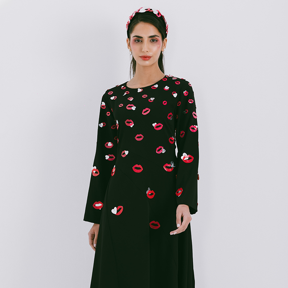 Long sleeve crepe maxi dress with scattered embroidery in lips & heart motifs. Dry clean only. Explore our collection of women maxi dresses. Shop now!