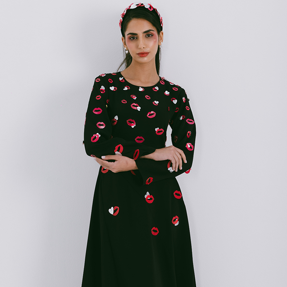 Long sleeve crepe maxi dress with scattered embroidery in lips & heart motifs. Dry clean only. Explore our collection of women maxi dresses. Shop now!