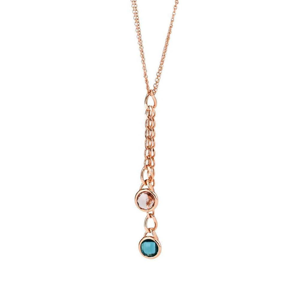 Shop online premium rose gold Y necklace with tourmaline green and antique pink crystals on a double rol chain.