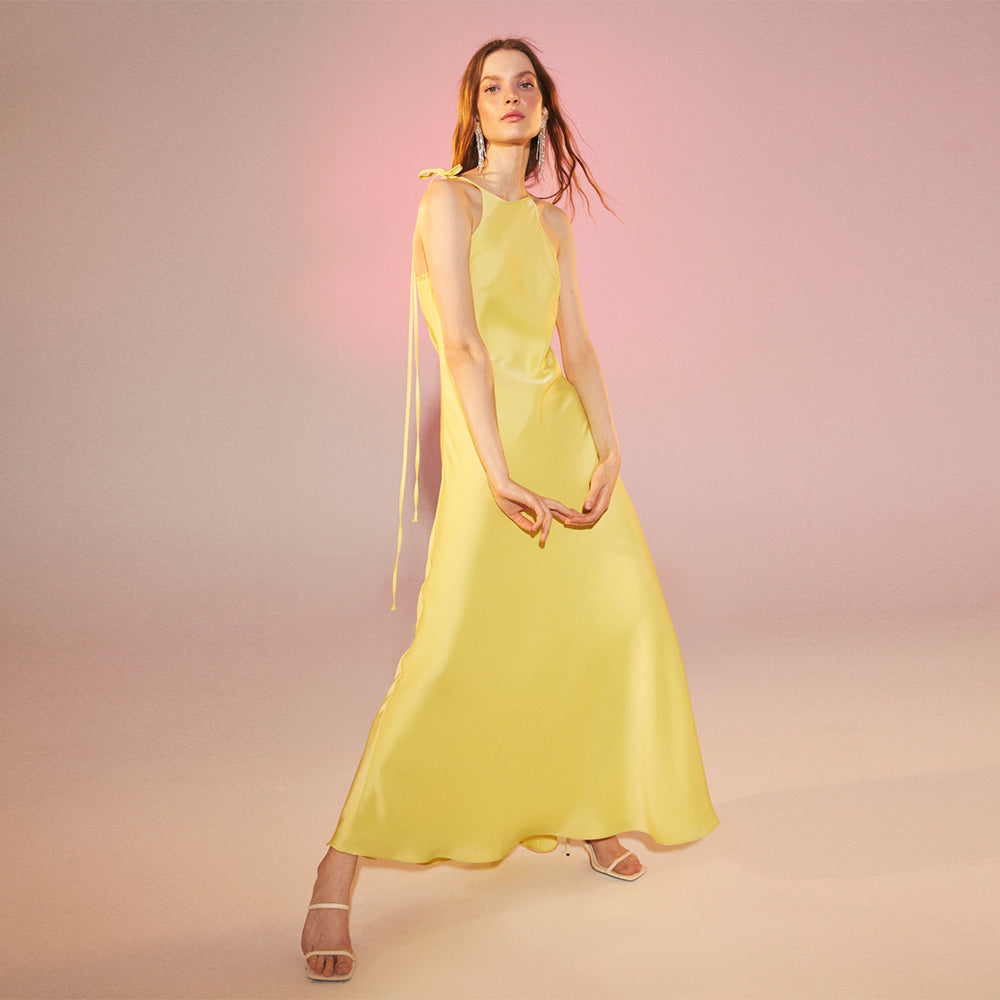 Addie Satin Long Dress in Lime Light