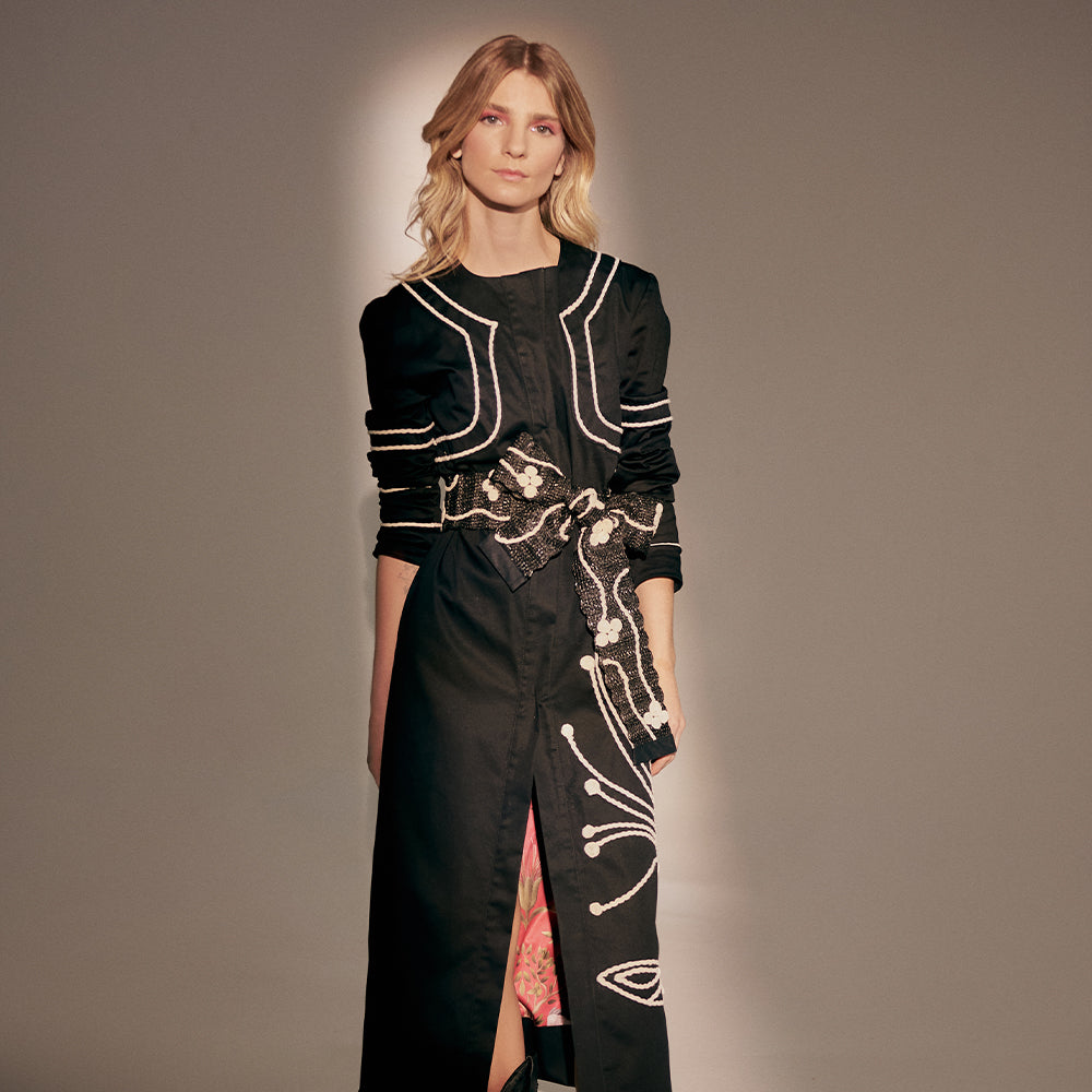 Trench-Style Midi Dress, Hand-Embroidered Appliques, Classic Sleeves. Drape yourself in allure with our Adormidera Dress.