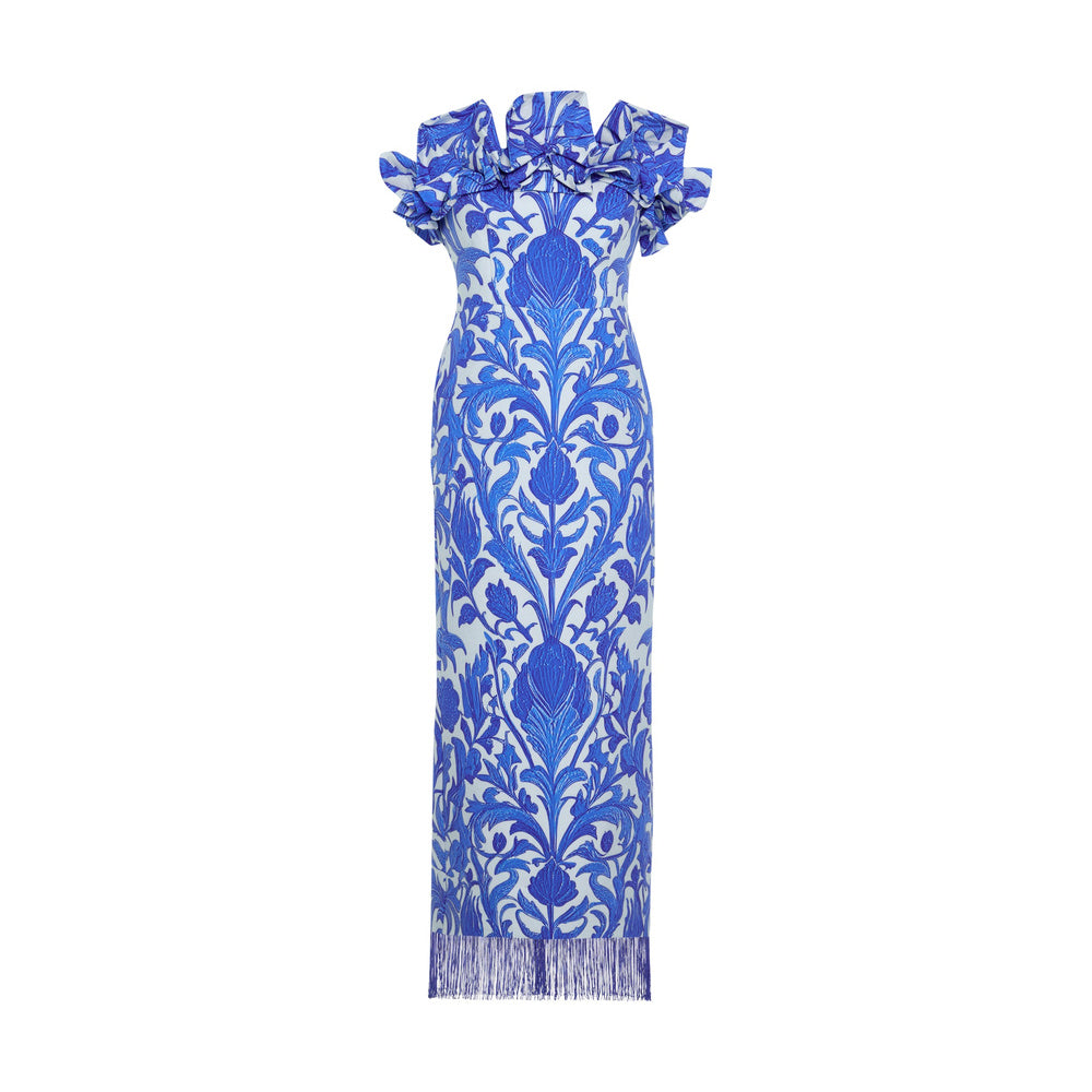 Shop online from our exclusive website and discover the Aegea Dress by Nana Gotti, a strapless crepe midi dress with a cobalt floral print, ruffled neckline, and elegant fringe hem.