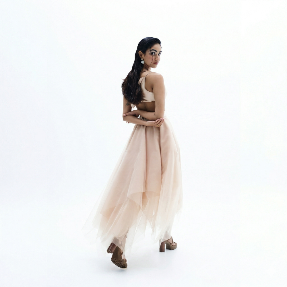Cowl neck co-ord set with organza skirt and pleated hem, perfect for vacations and resort wear. Shop online from our exclusive collection of premium styles.