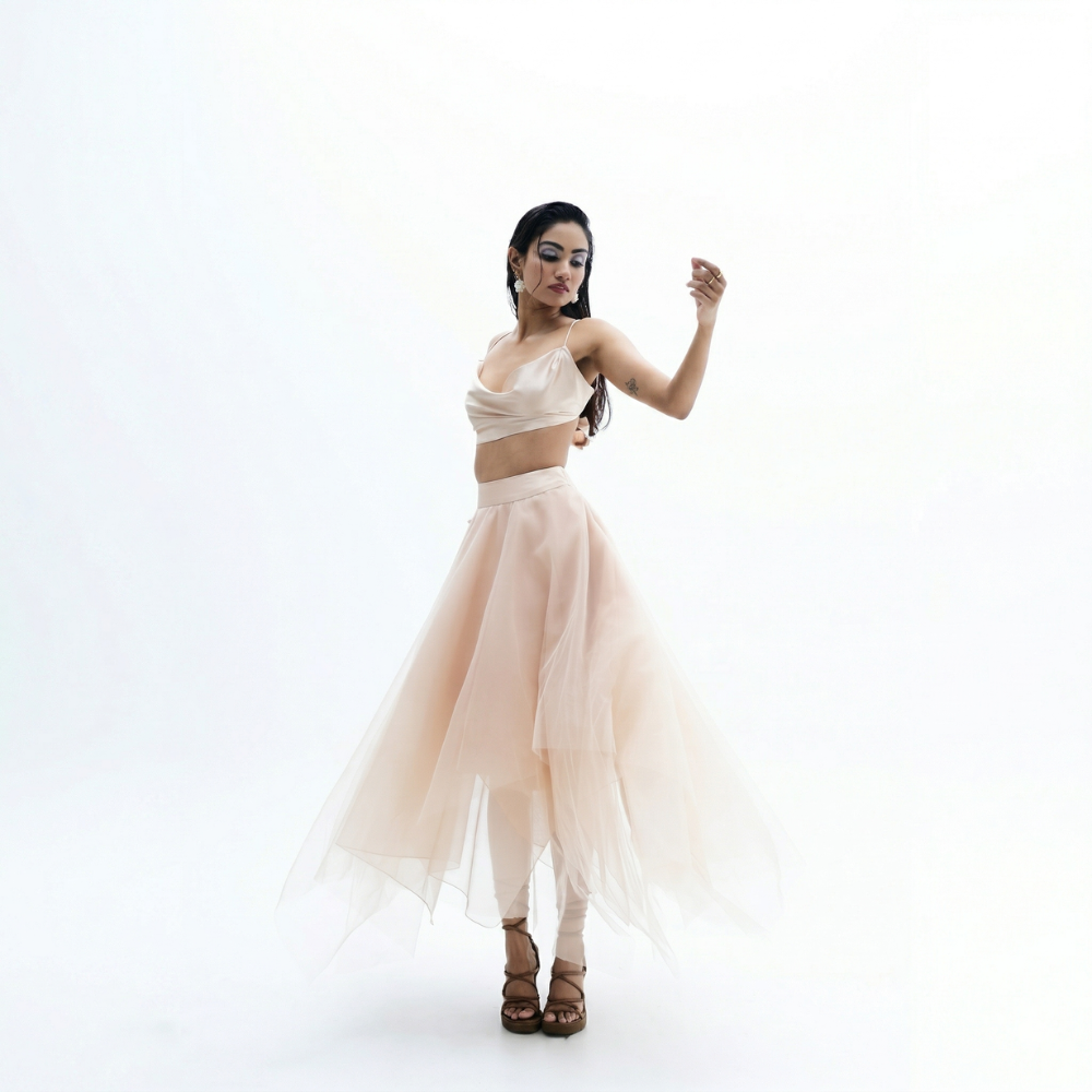 Cowl neck co-ord set with organza skirt and pleated hem, perfect for vacations and resort wear. Shop online from our exclusive collection of premium styles.