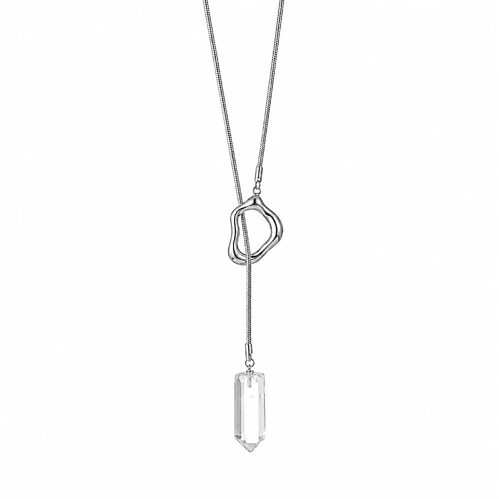 Discover the Aether Clear Quartz Crystal & Titanium Steel Lariat Necklace at The Luxe Maison, featuring a faceted clear quartz drop and a sleek titanium steel loop for a modern, elegant, celestial-inspired look.