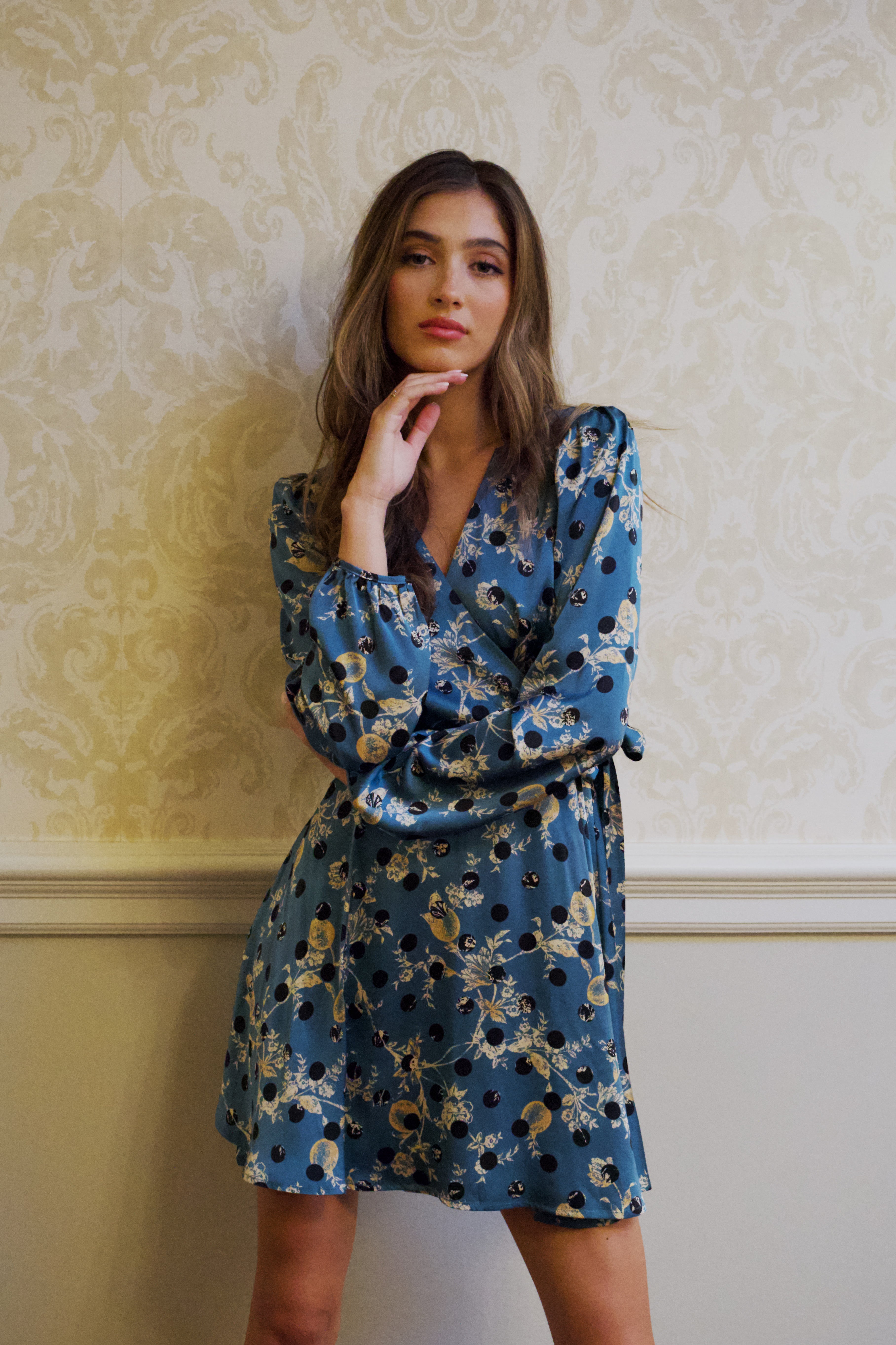 Women's Mini Dress in Petrol Blue with Long Sleeves, Floral and Polka Dot Print Wrap Style by Liquorish