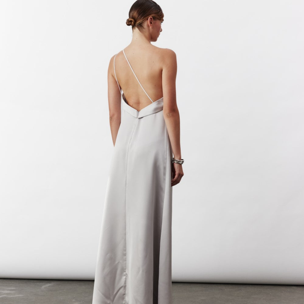 Aimee Long Satin Dress In Silver Lining