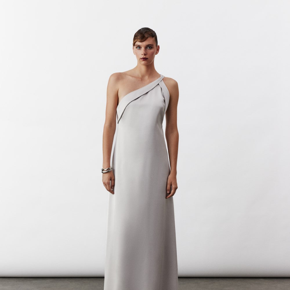 Aimee Long Satin Dress In Silver Lining