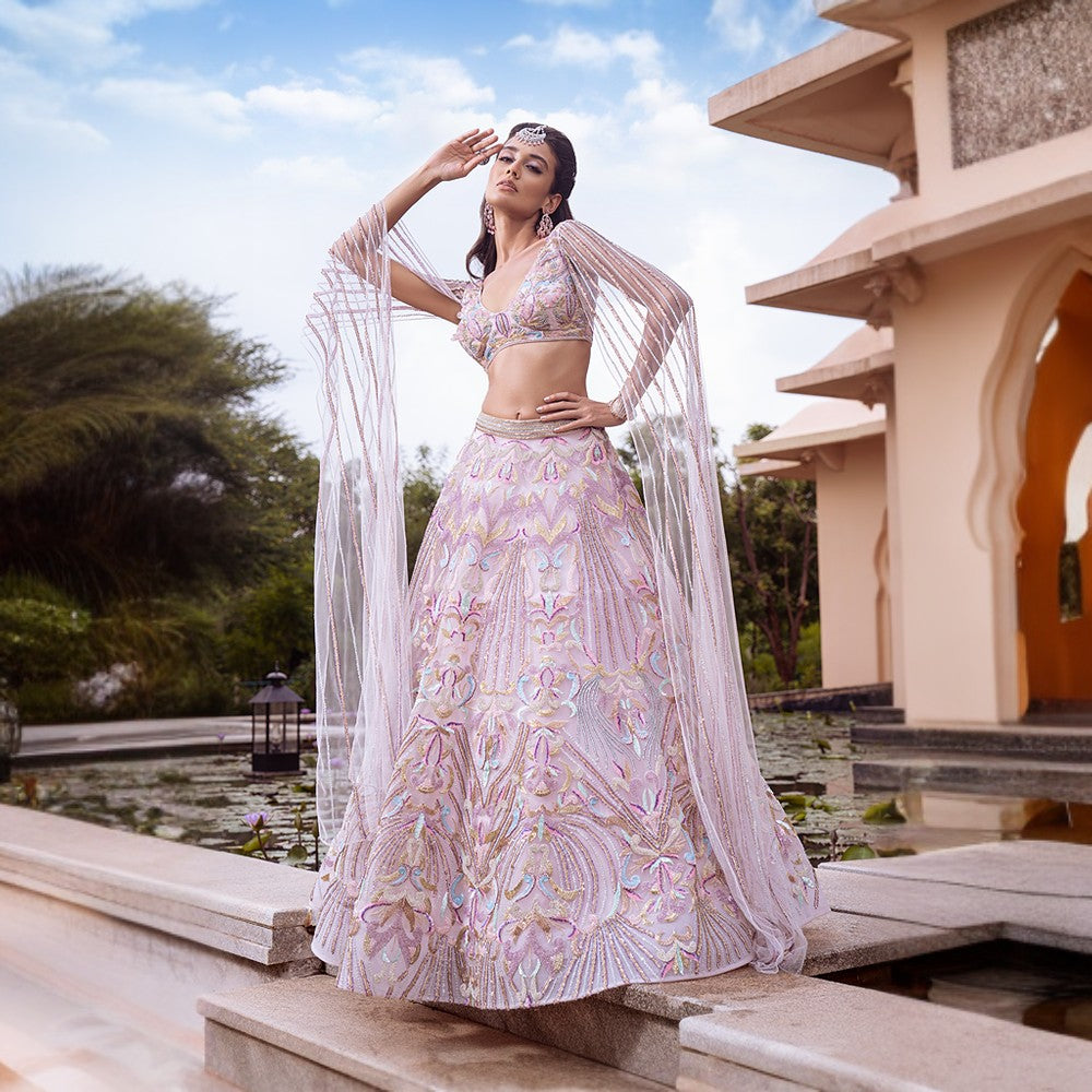 Aurora Fantasy themed lehenga with Art nouveau motifs in colorful bands with wing dupatta blouse.