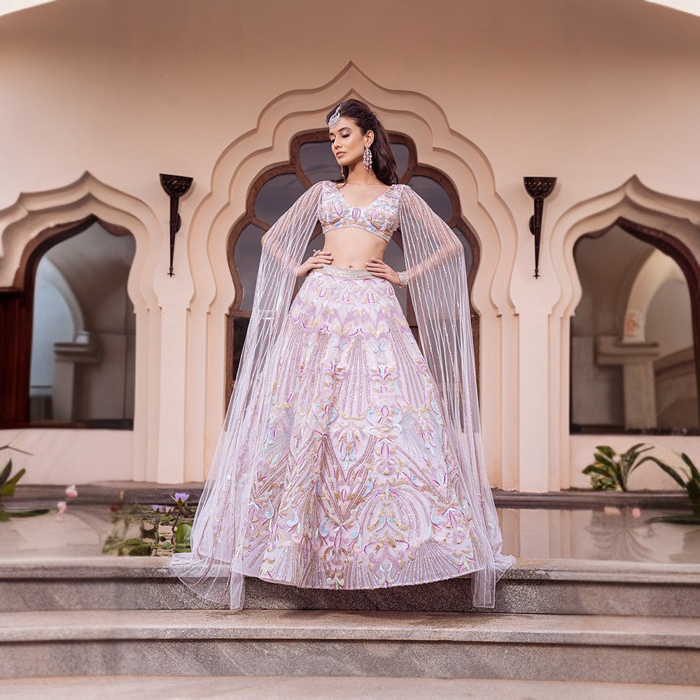 Aurora Fantasy themed lehenga with Art nouveau motifs in colorful bands with wing dupatta blouse.