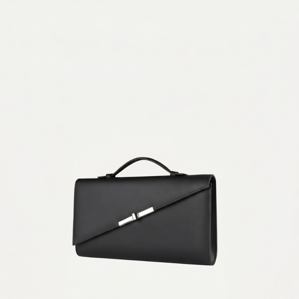 Italian leather clutch with strap and silver hardware, perfect for events. Shop online from our curated edit of premium fashion.