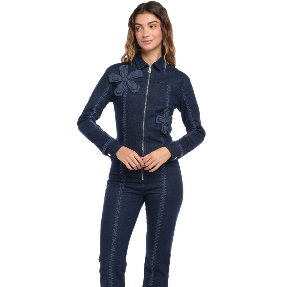 Shop the Alexia Denim Jacket at TLM, featuring scalloped details, floral appliqués and a functional zip. Explore luxury fashion on The Luxe Maison website.