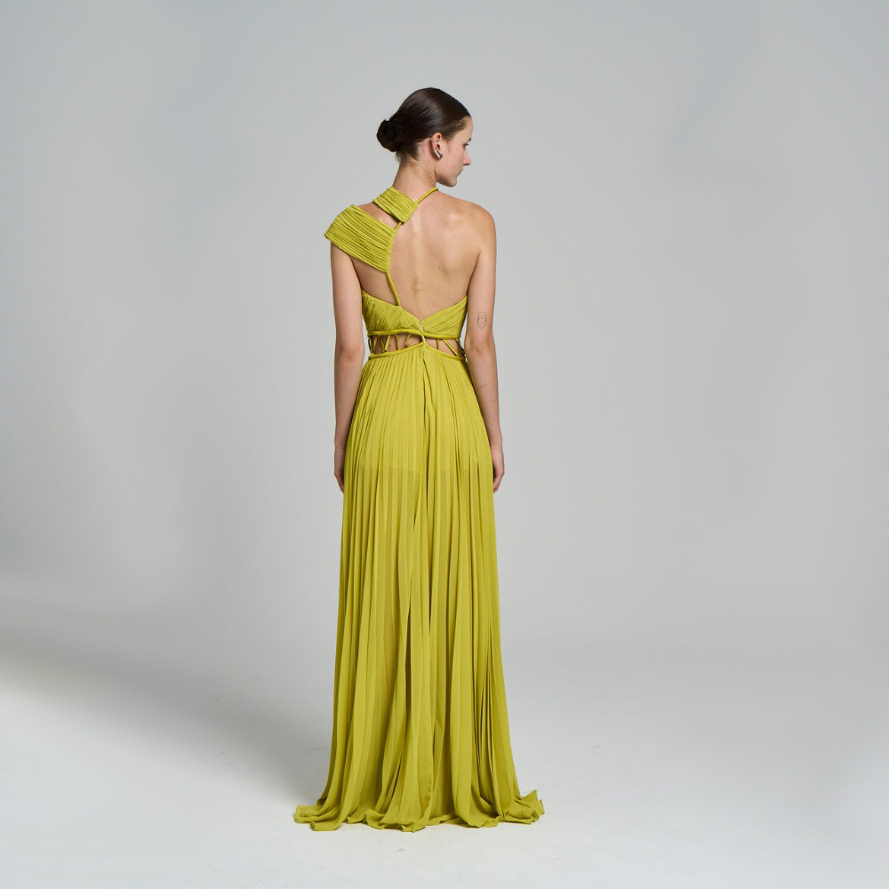 Maxi Evening Dress .Asymmetrical pattern .Brit detailed .Low back .Slit .Pleated detail .Mini-lined