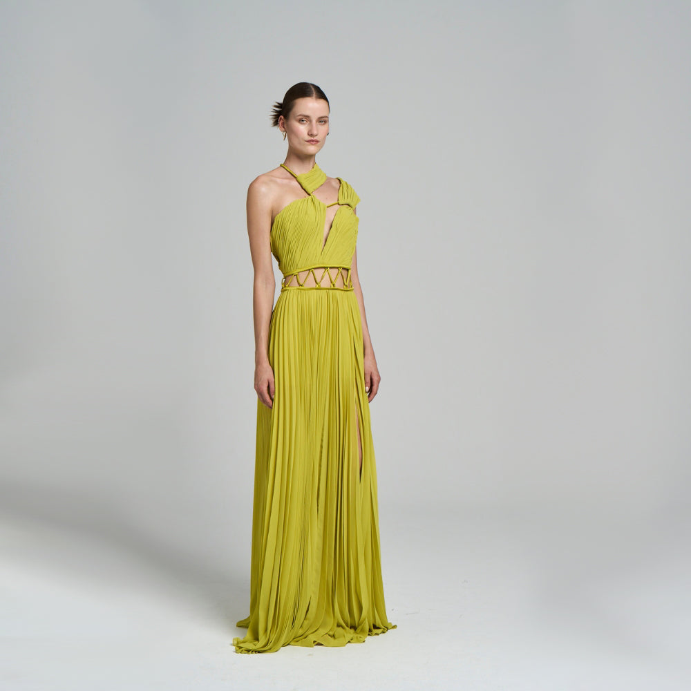 Maxi Evening Dress .Asymmetrical pattern .Brit detailed .Low back .Slit .Pleated detail .Mini-lined