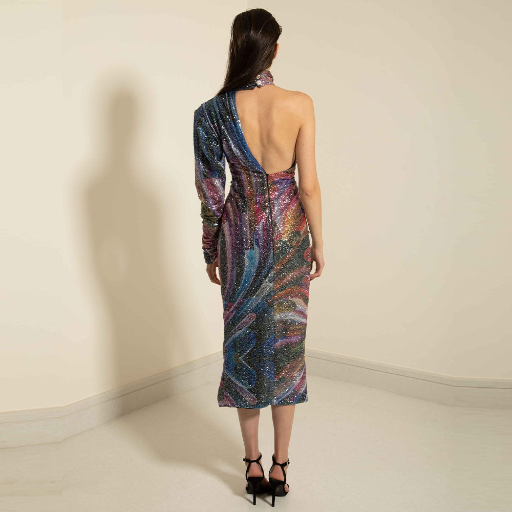 One sleeve asymmetric dress with side slit and turtle neck detail along with cleavage slit. Ankle length - Printed sequin. 