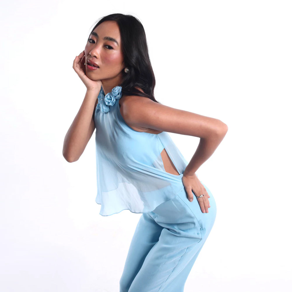 Sheer layered co ord set with floral neckline, perfect for daytime events. Shop online from our curated edit of premium fashion.