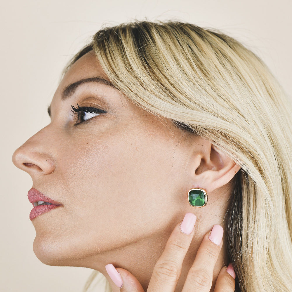 Shop online premium gold plated stud earrings with green tourmaline crystal for elegant everyday and occasion styling.