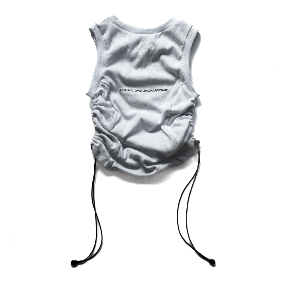 Shop online from our exclusive website and discover the Alpha Bungee Ribbed Vest by Voitech®, featuring ribbed stretch cotton, adjustable bungee detailing, and a bold technical streetwear design.