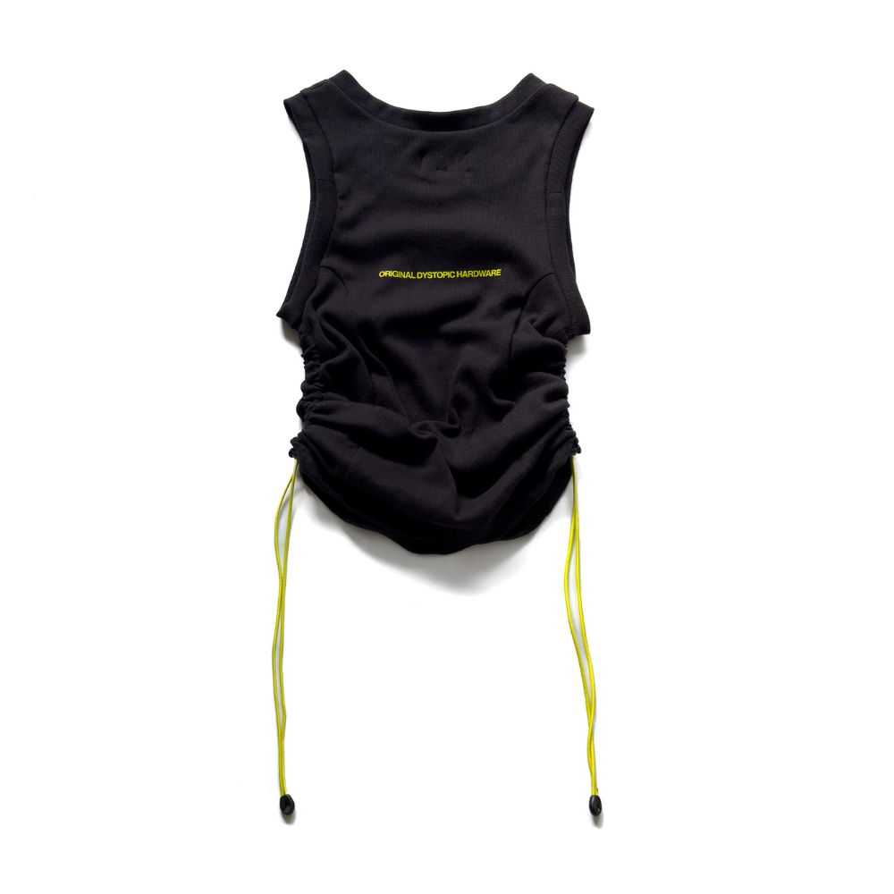 Shop online from our exclusive website and discover the Alpha Bungee Ribbed Vest by Voitech®, featuring ribbed stretch cotton, adjustable bungee detailing, and a bold technical streetwear design.