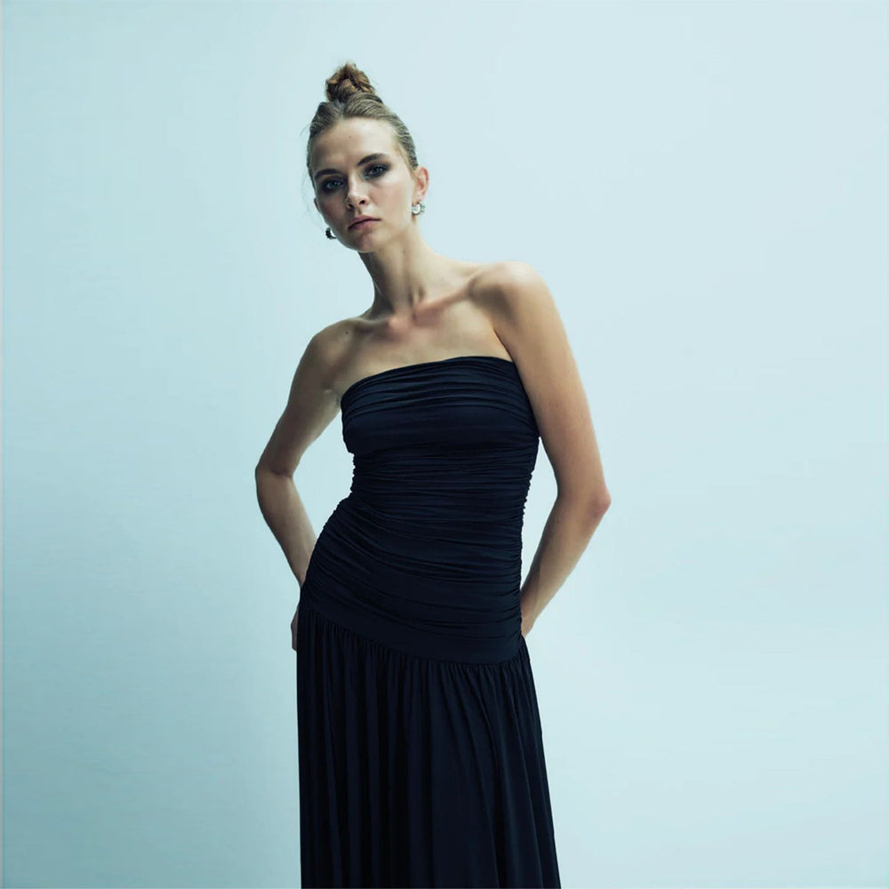 Amber Strapless Jersey Long Dress in Black