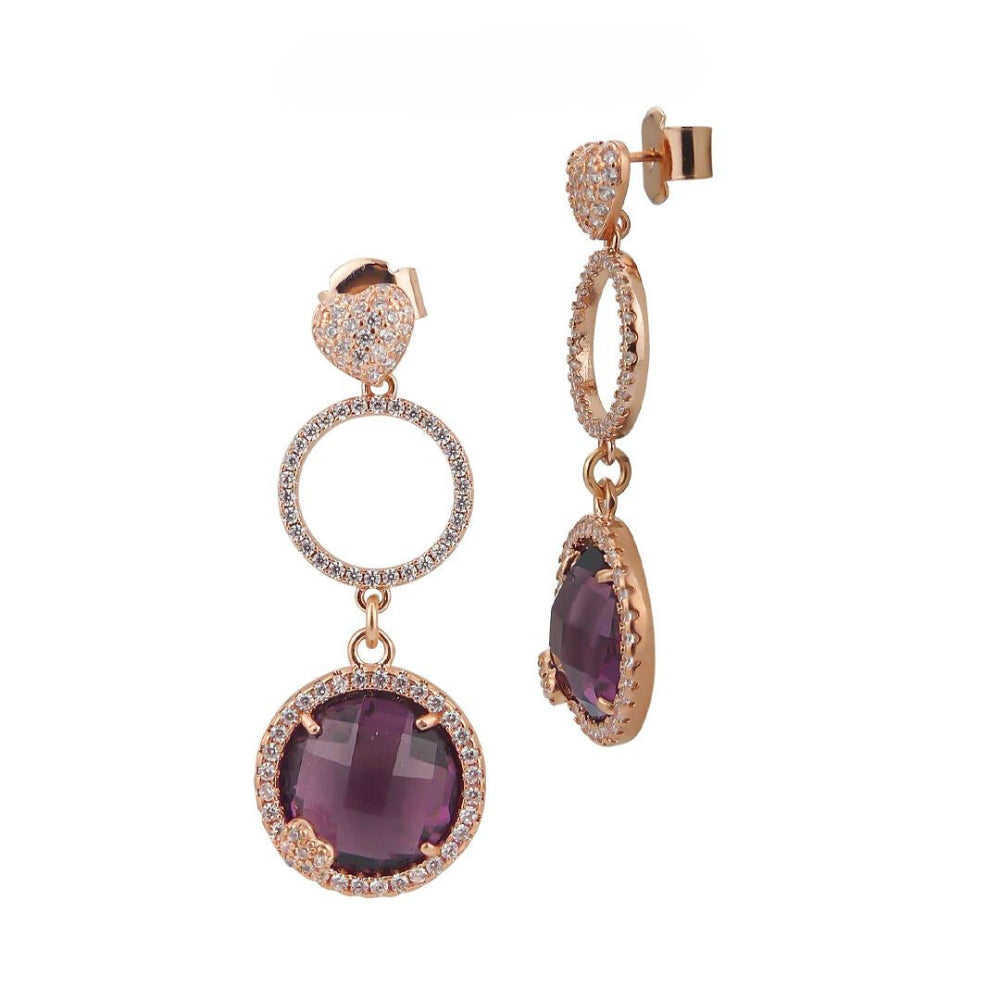 Shop online premium rose gold plated drop earrings with amethyst briolette crystal and sparkling cubic zirconia heart detailing.