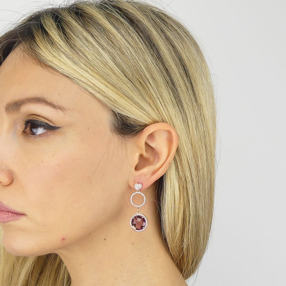 Shop online premium rose gold plated drop earrings with amethyst briolette crystal and sparkling cubic zirconia heart detailing.
