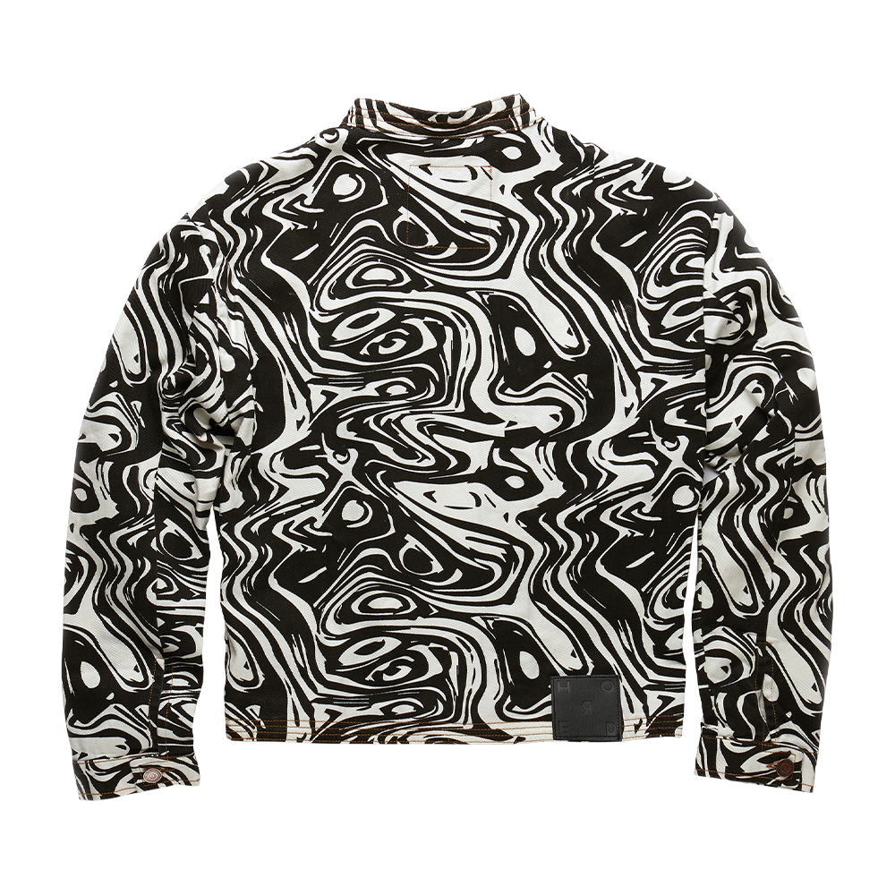 Our Andras off-white denim jacket features an all-over abstract monochrome pattern. 
