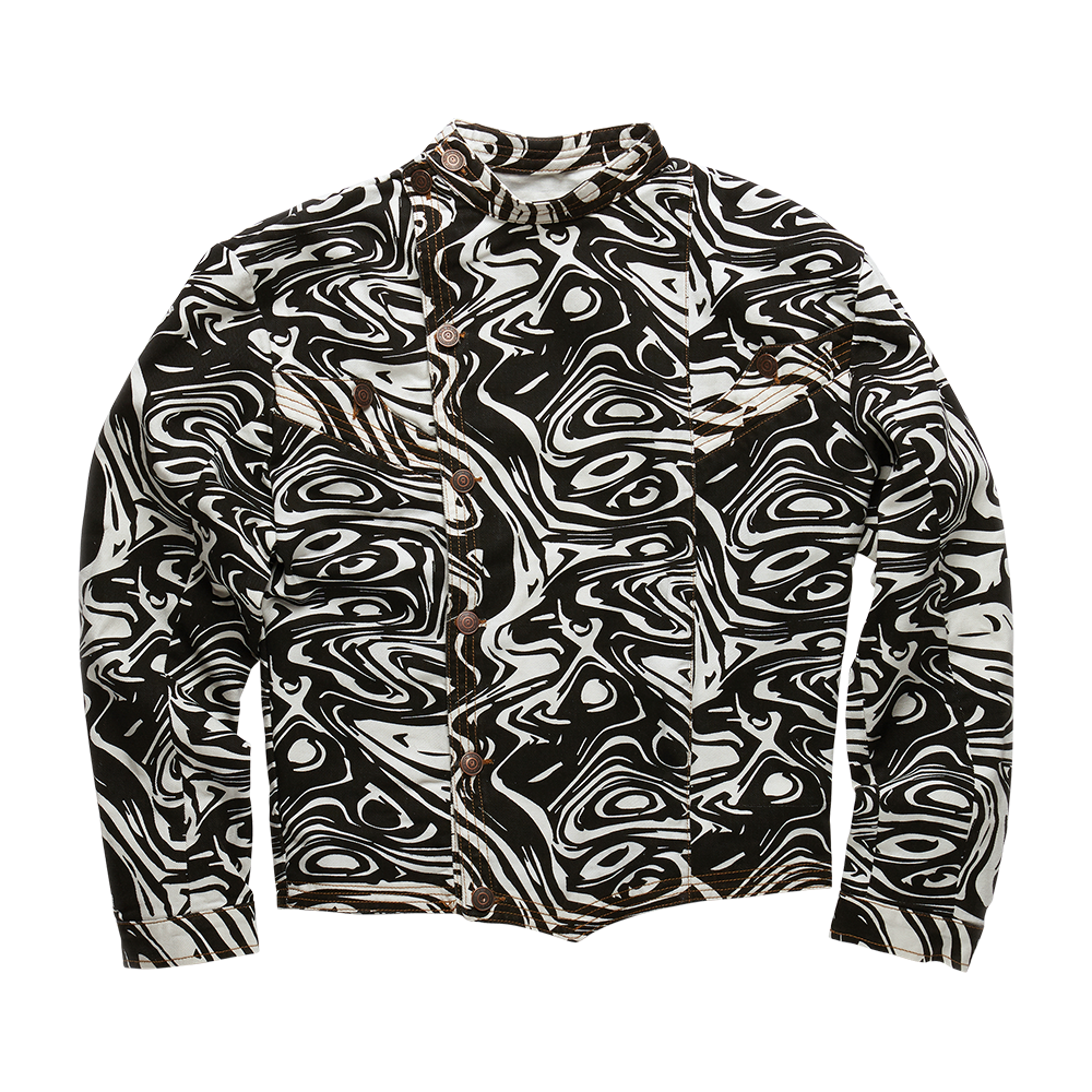 Our Andras off-white denim jacket features an all-over abstract monochrome pattern. 