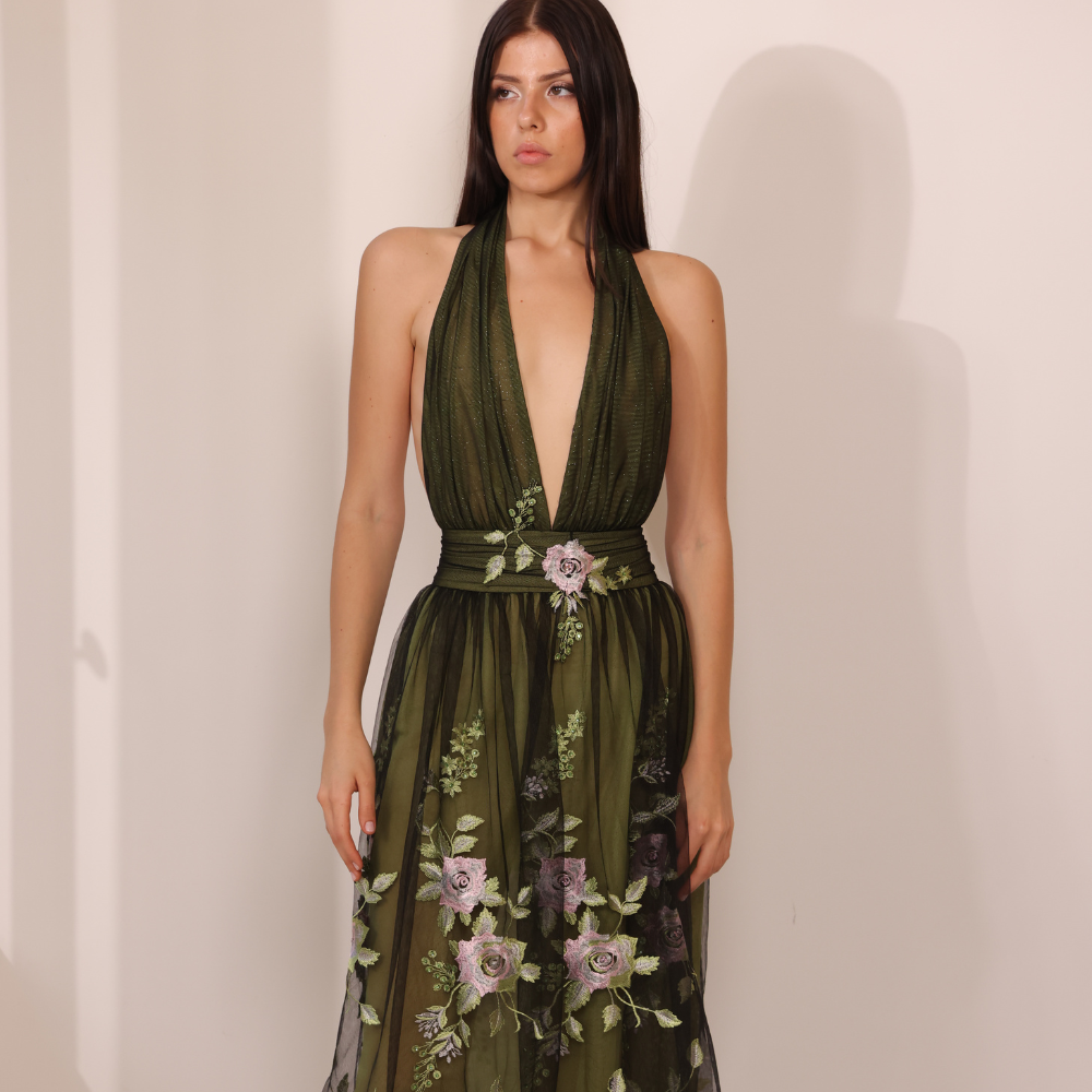 Ankle length black tulle dress embroidered with pink and green flowers