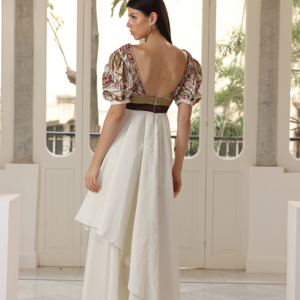 Ankle length off-white taffetas with bronze embroidered bust and sleeves