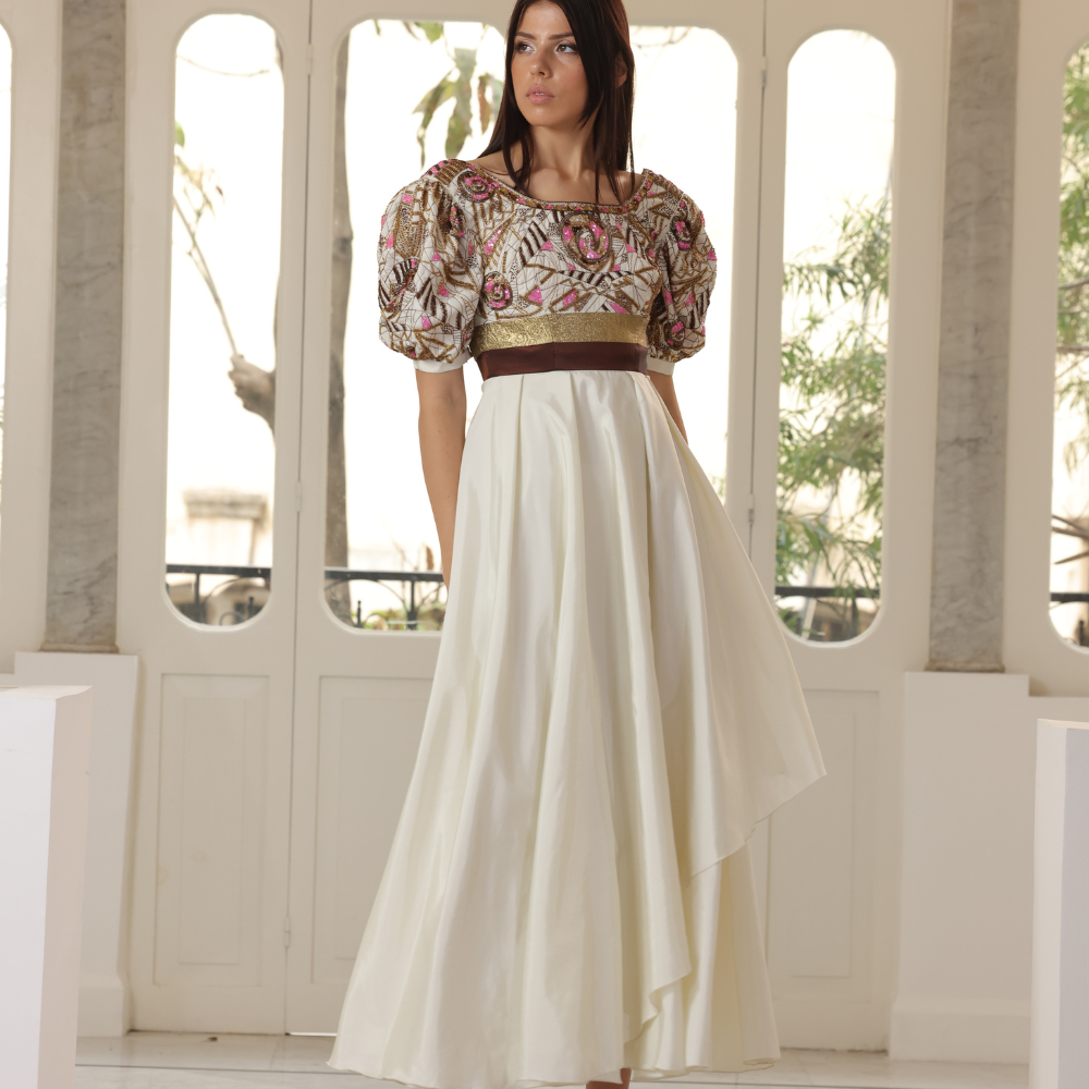 Ankle length off-white taffetas with bronze embroidered bust and sleeves