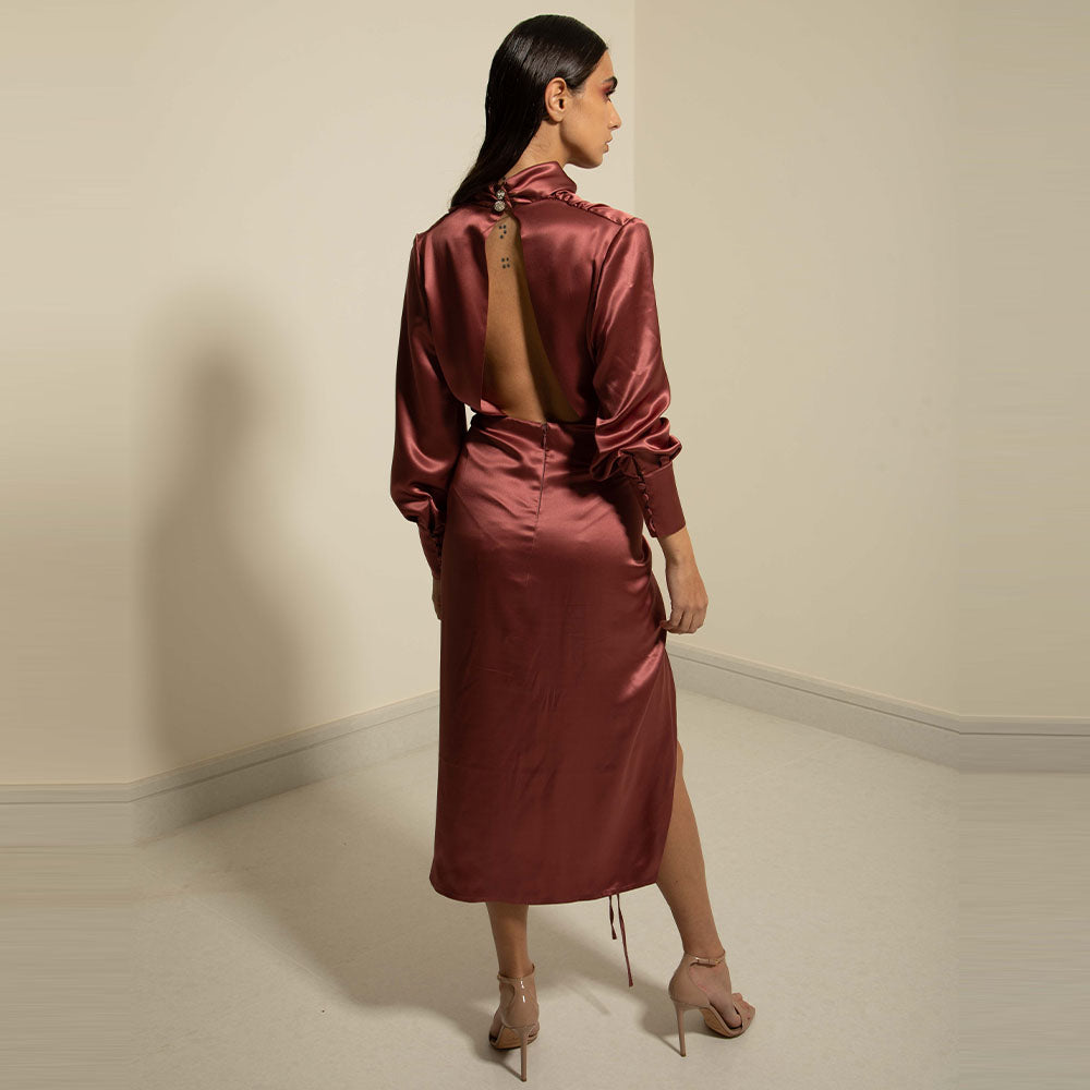 Long sleeve, backless, double-sided silk dress with tie ruched detail on side slit - ankle length - 100% silk.