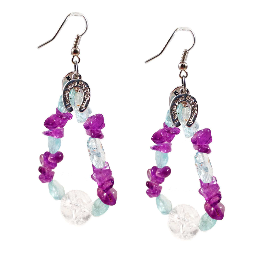 Aquamarine and amethyst stones drop earrings with silver horseshoe charm. Perfect for parties, summer time and gift for her.