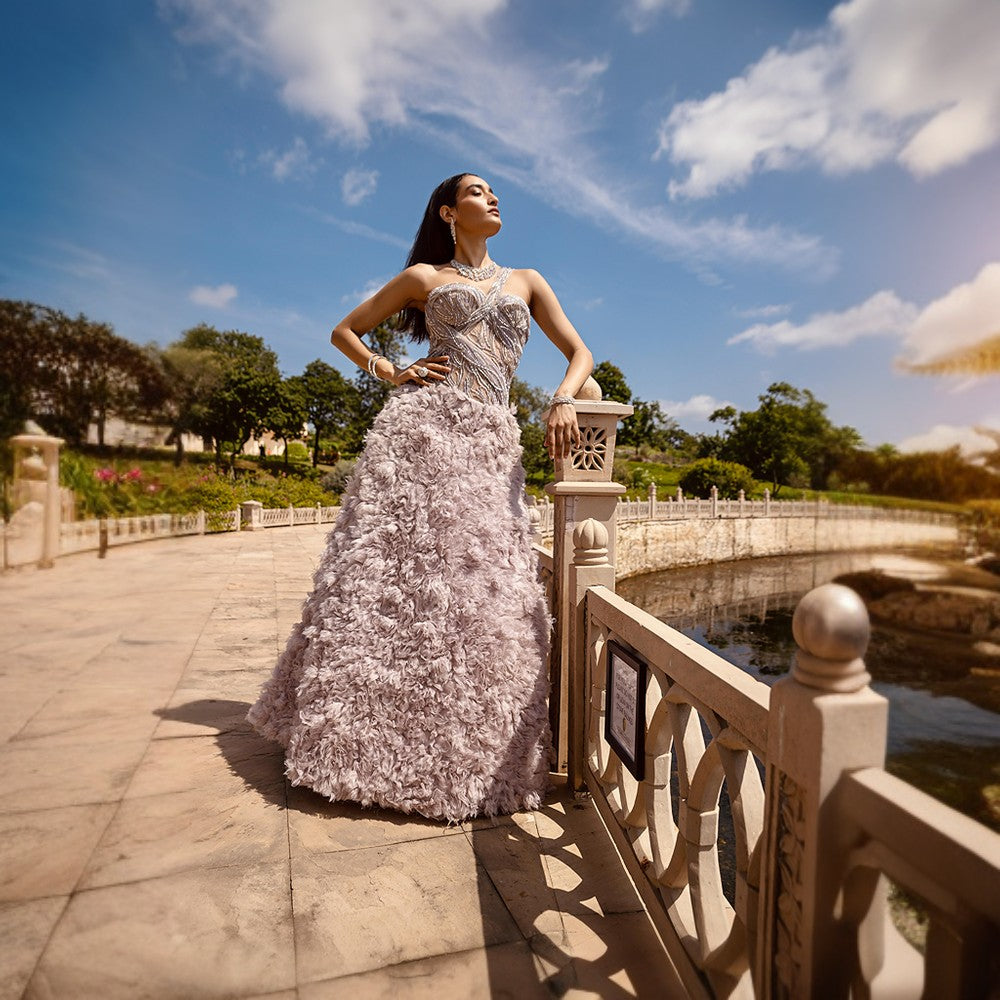 Signature Organza Feather Textured skirt with Cosmic shower embroidery over bodice.