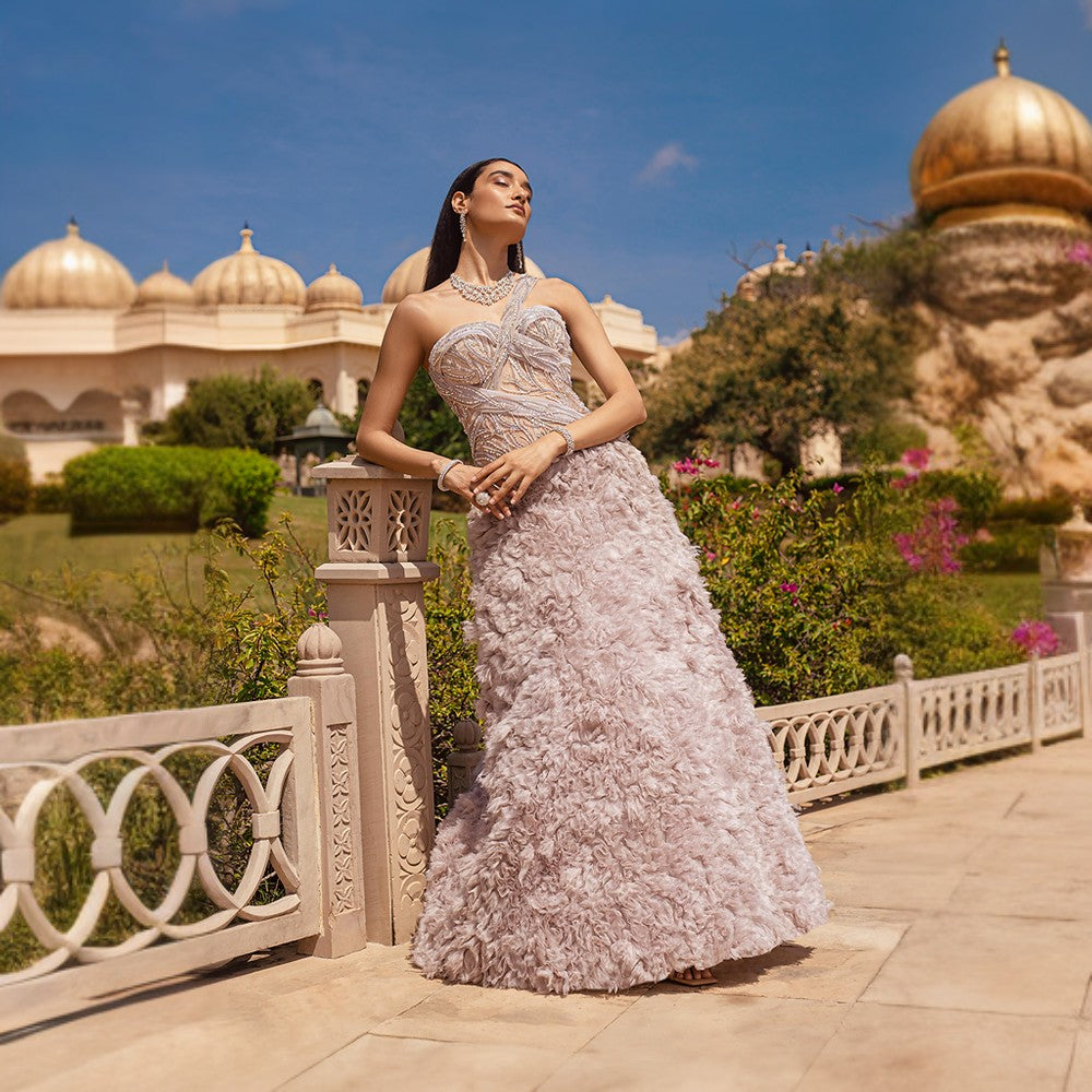 Signature Organza Feather Textured skirt with Cosmic shower embroidery over bodice.