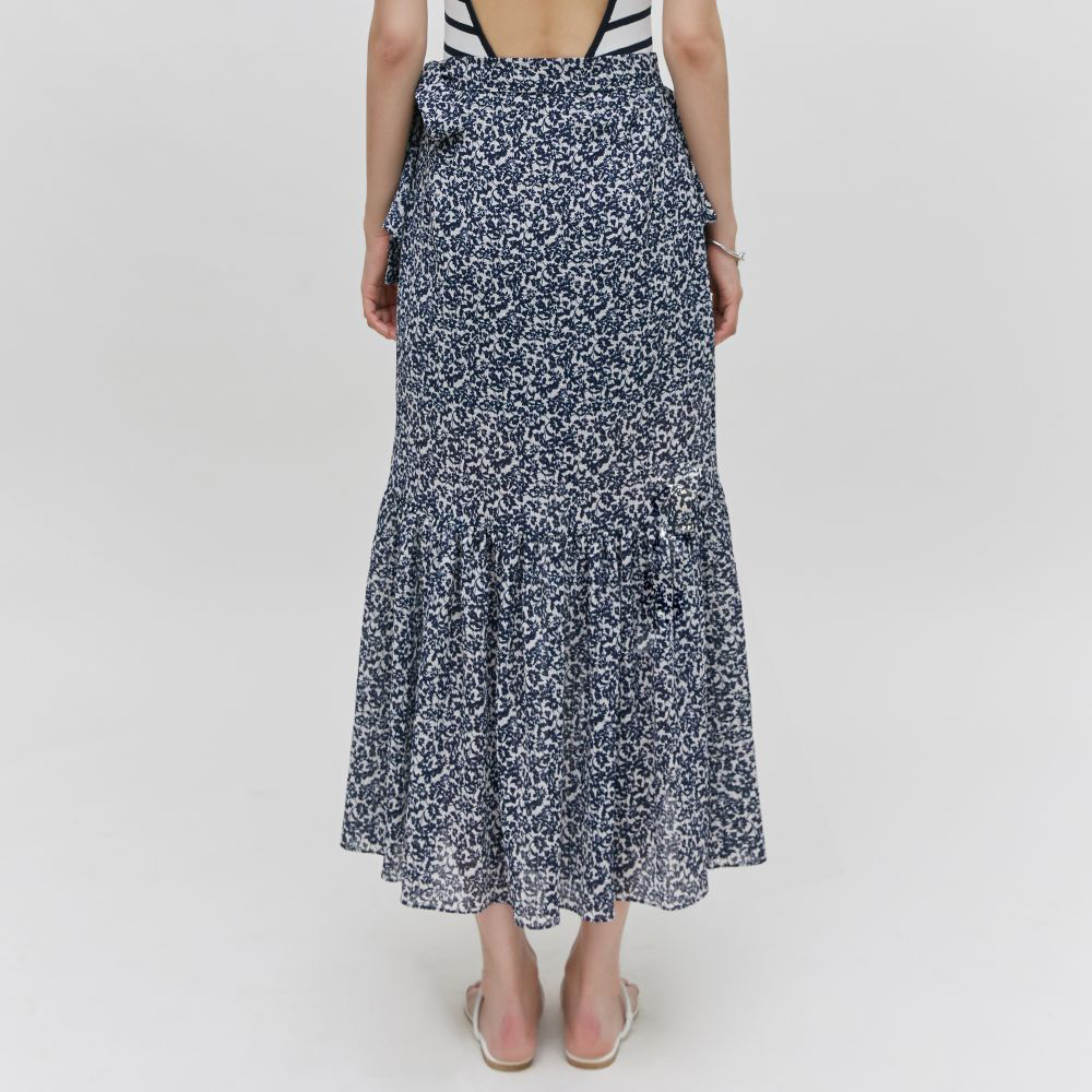 Asymmetric Ruffled Floral Print Gathered Midi Skirt