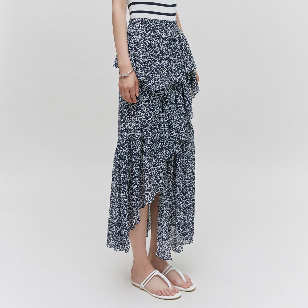 Asymmetric Ruffled Floral Print Gathered Midi Skirt